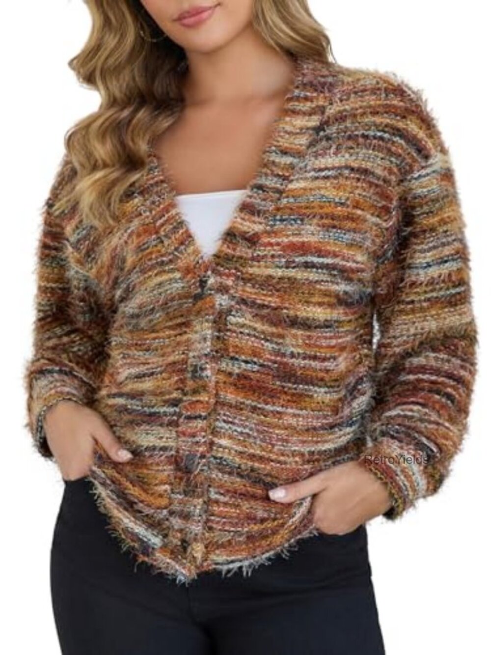 Fuzzy Knit Cardigan V Neck Button Front Lightweight Fall Sweater